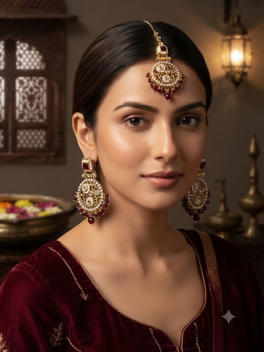 Uncut kundan earings tika